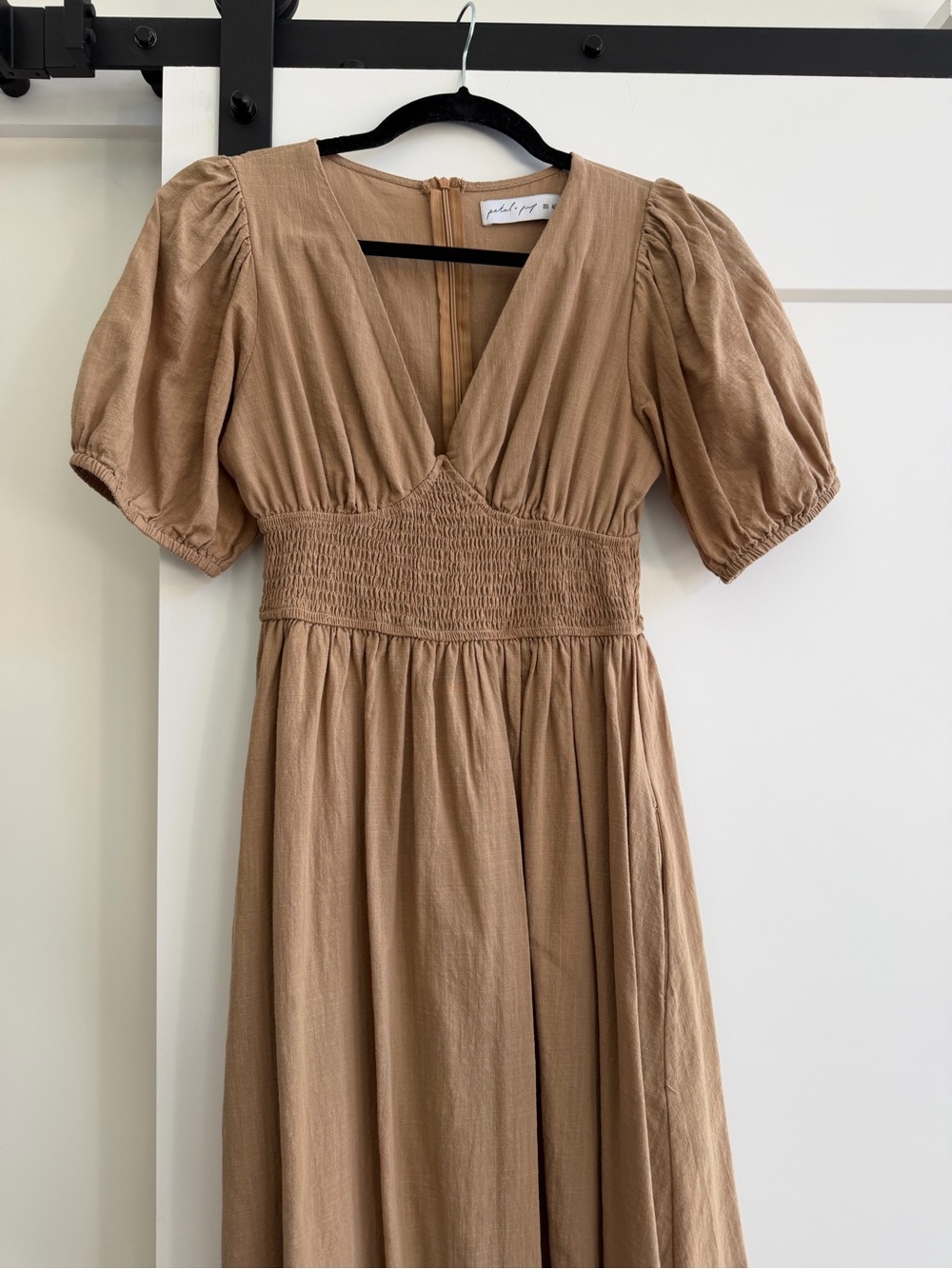 Petal + Pup, Tan Smocked Waist Midi Dress - Picture 3 of 8
